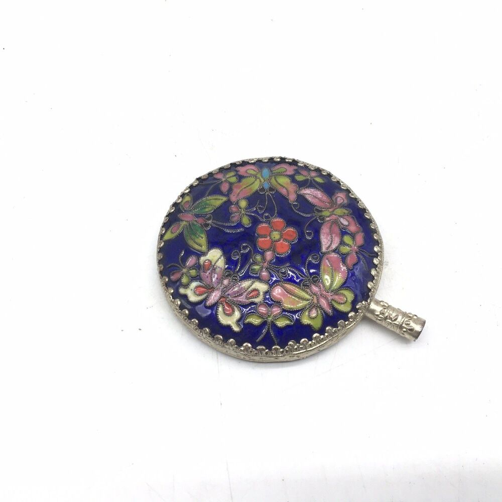 Vtg Cloisonne Enamel Floral Hand Mirror Silver Tone Metal Ornate Surround READ